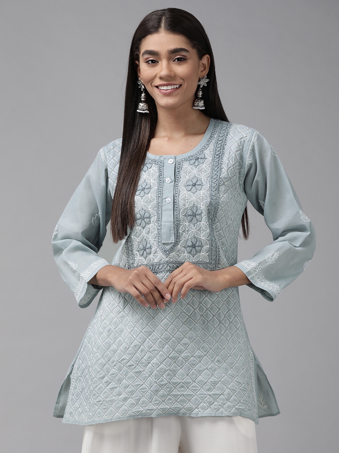 

ADA Grey & White Ethnic Motifs Embroidered Chikankari Kurti