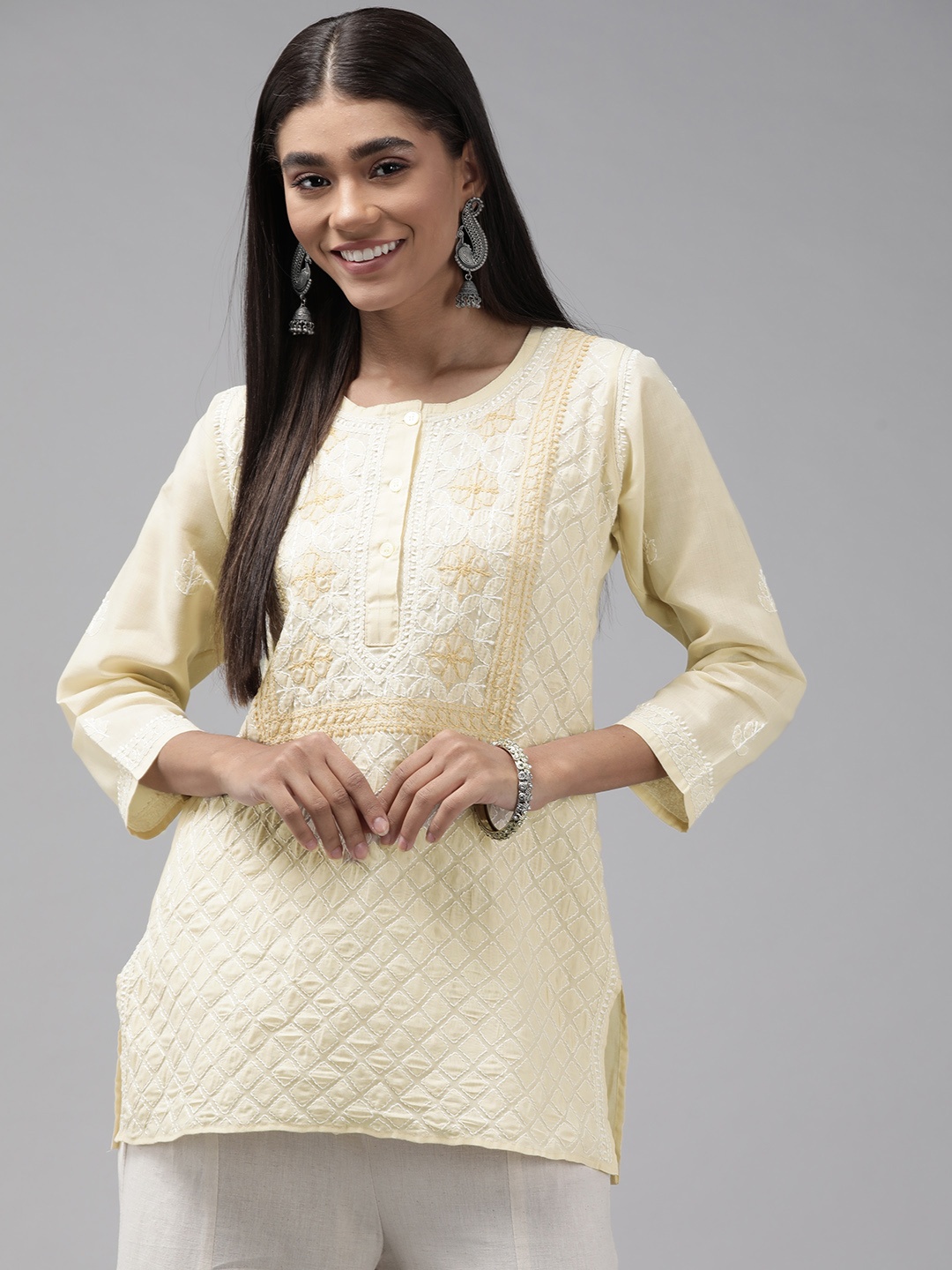 

ADA Beige & White Ethnic Motifs Embroidered Chikankari Handloom Kurti