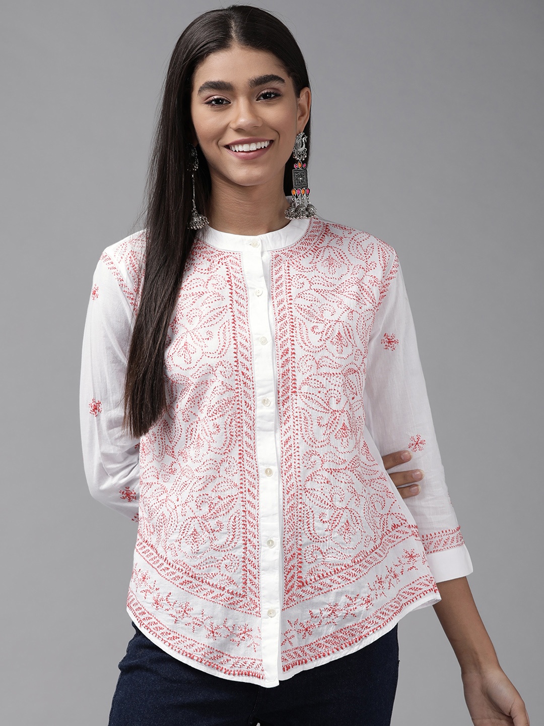 

ADA White & Red Ethnic Motifs Embroidered Chikankari Handloom Kurti