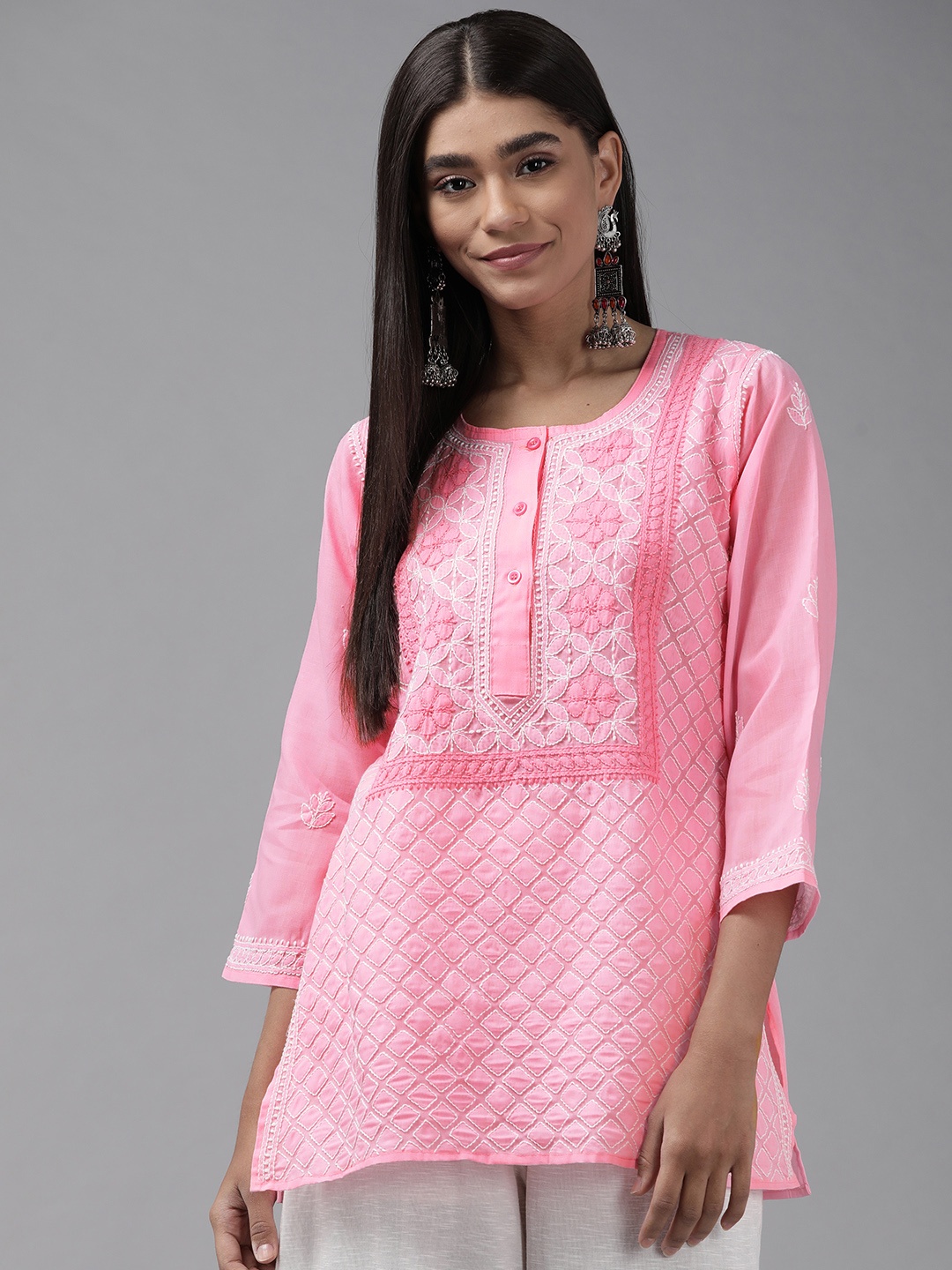 

ADA Pink & White Ethnic Motifs Embroidered Chikankari Kurti
