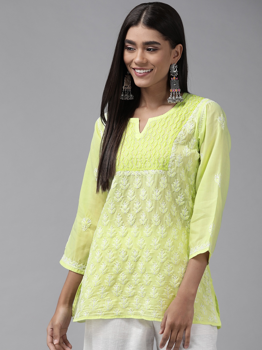 

ADA Lime Green & White Ethnic Motifs Embroidered Chikankari Kurti