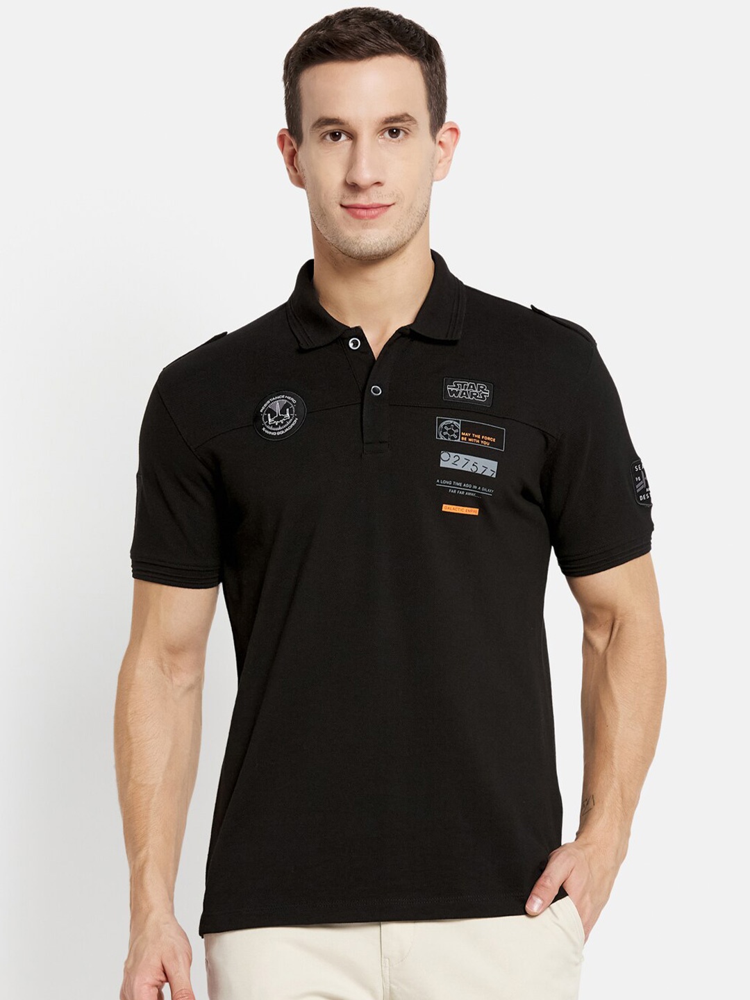 

Octave Men Black Star Wars Printed Polo Collar Cotton T-shirt