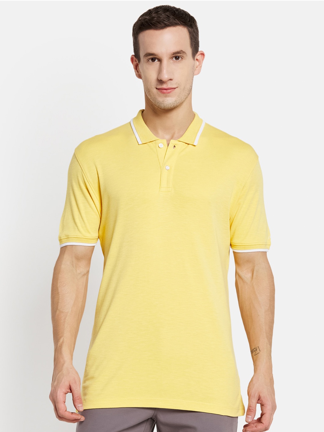 

Octave Men Yellow Polo Collar Cotton T-shirt