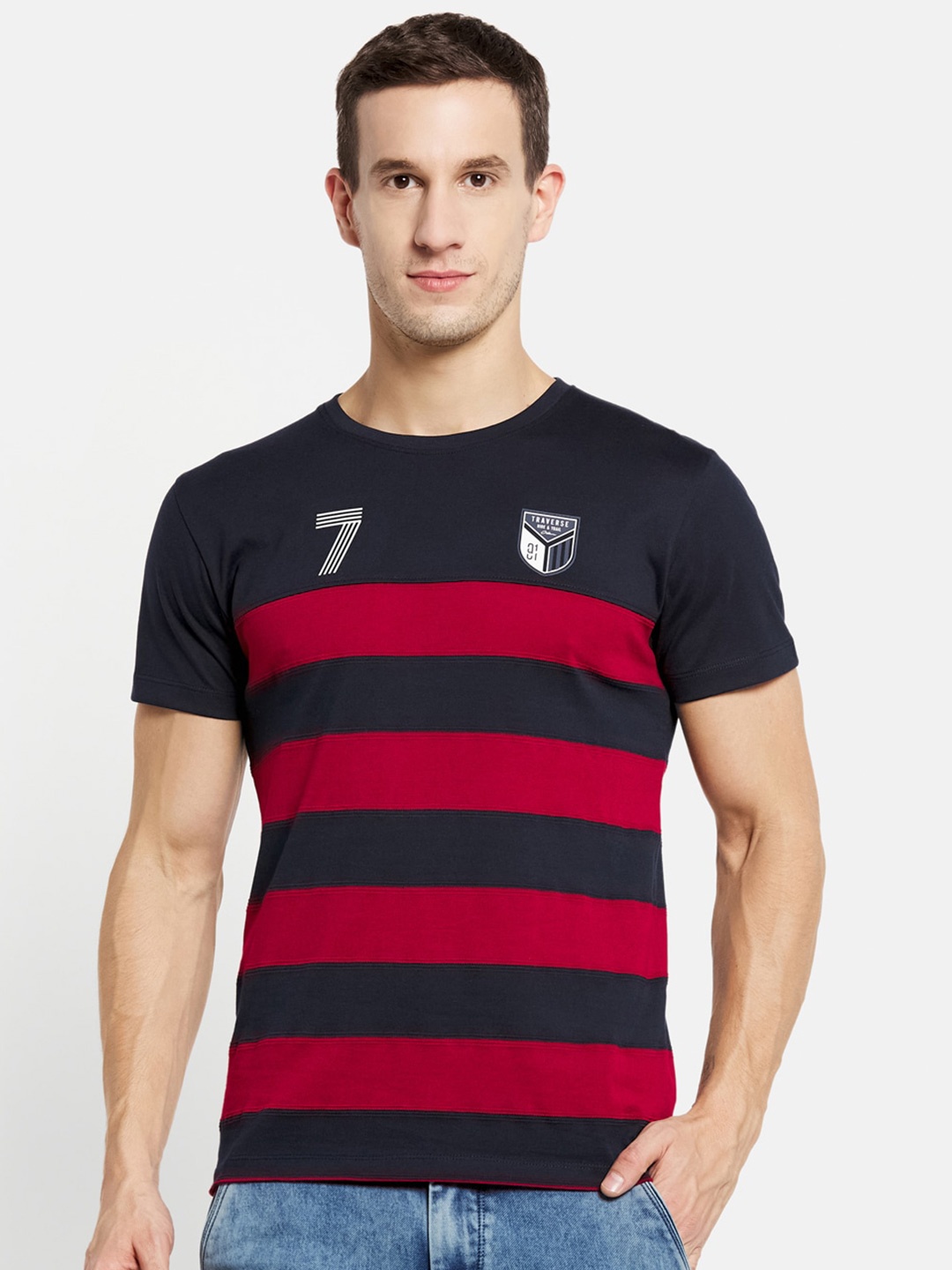 

Octave Men Black & Maroon Striped Cotton T-shirt