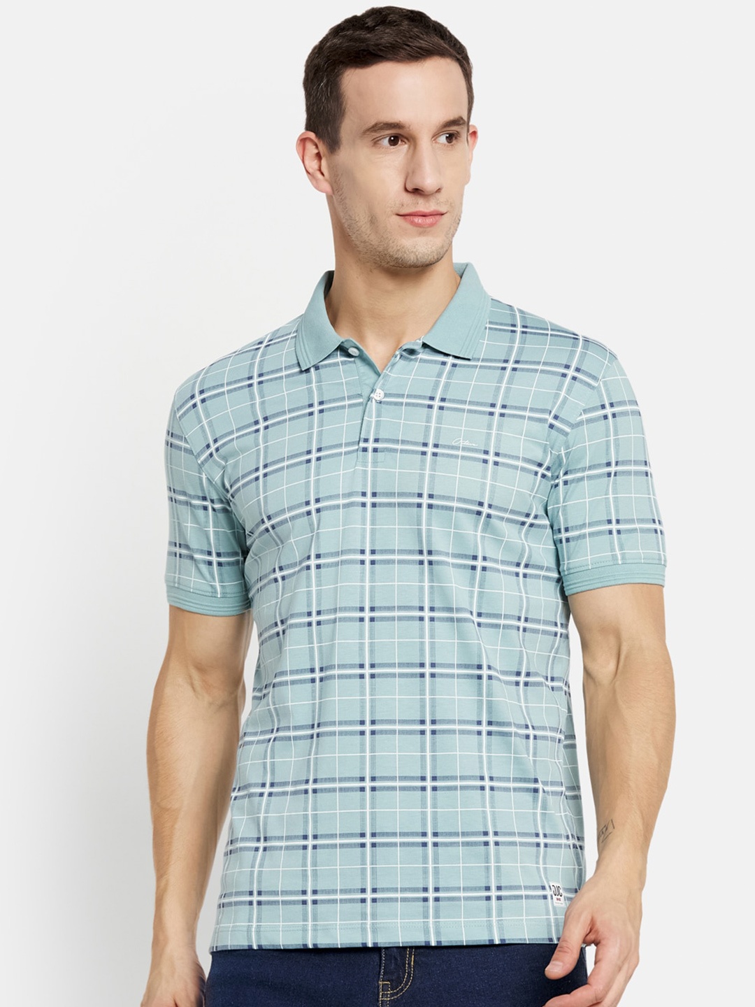 

Octave Men Blue Checked Polo Collar Cotton T-shirt