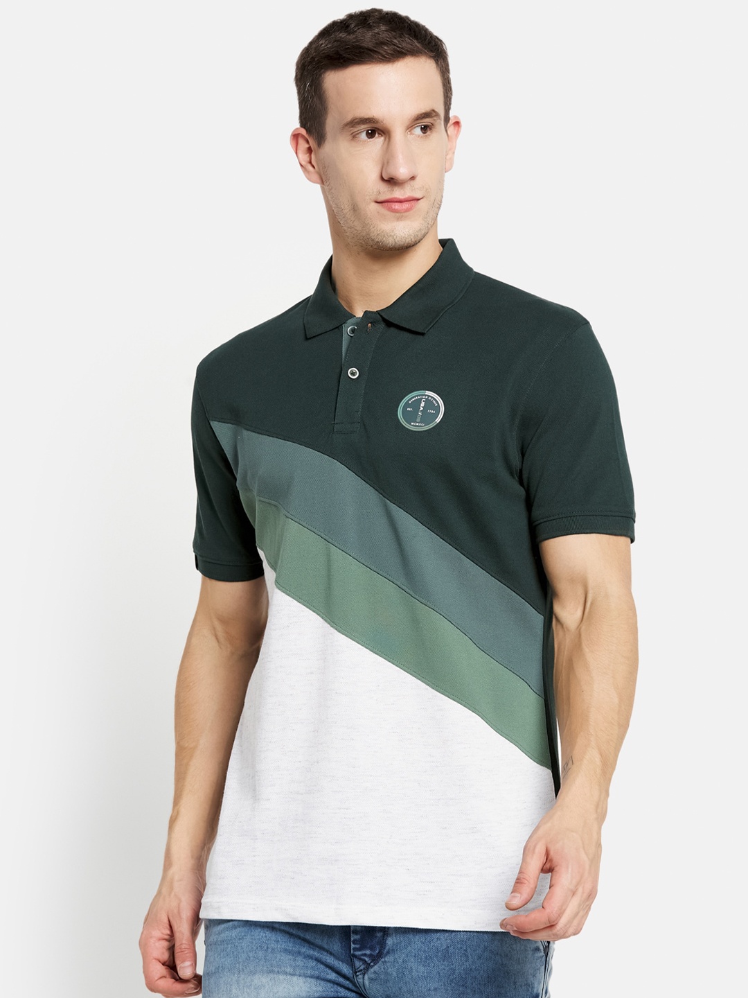 

Octave Men Green & White Colourblocked Polo Collar Cotton T-shirt