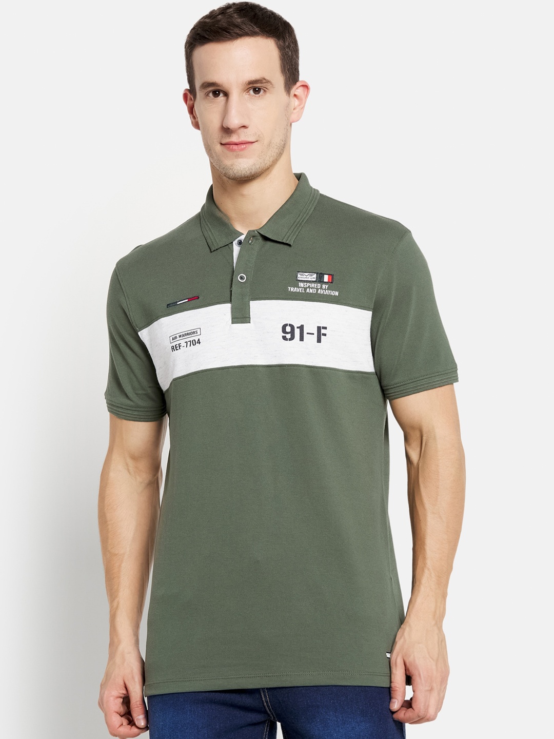 

Octave Men Olive Green Typography Printed Polo Collar Cotton T-shirt