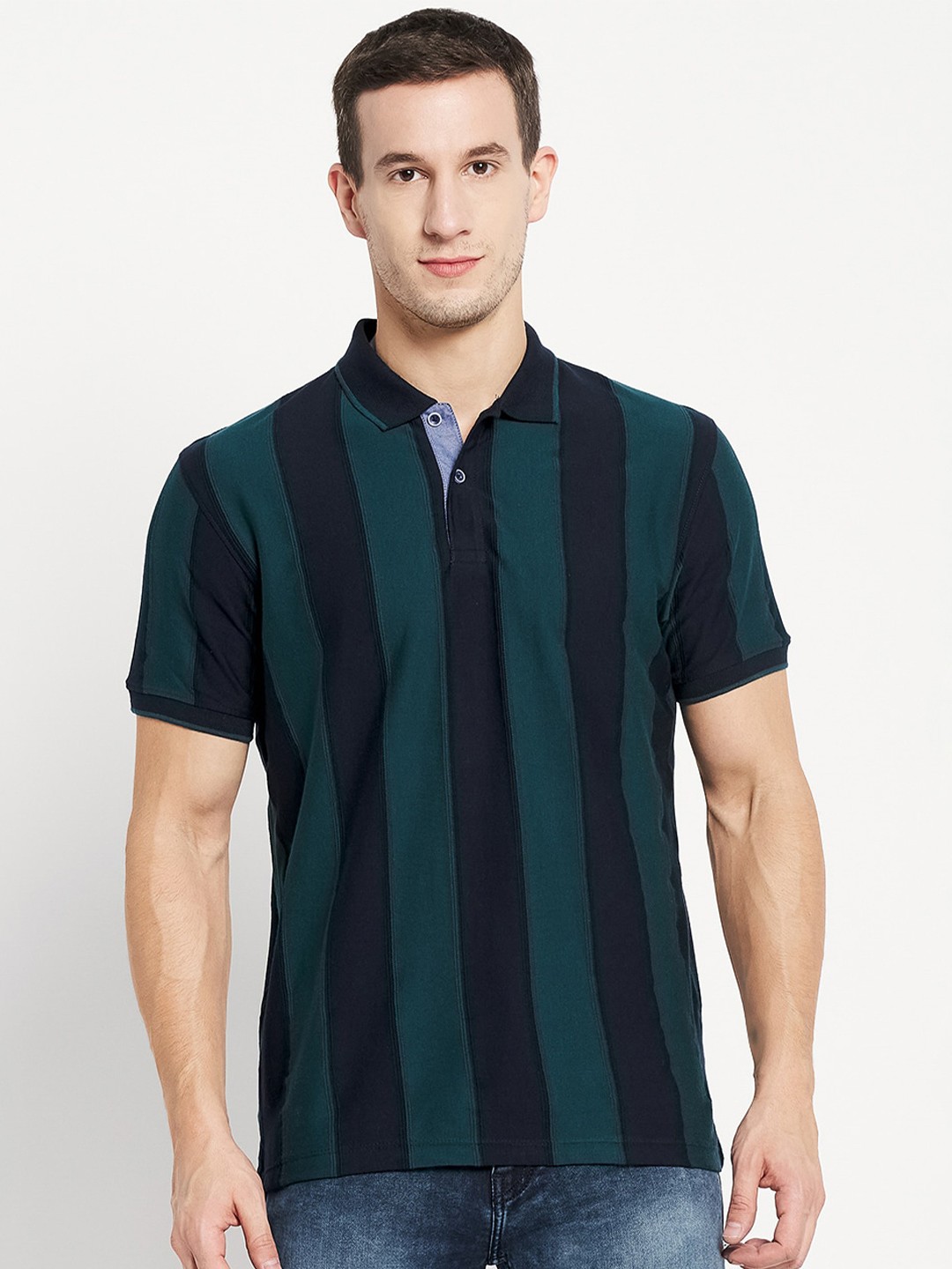

Octave Men Green & Black Striped Polo Collar T-shirt