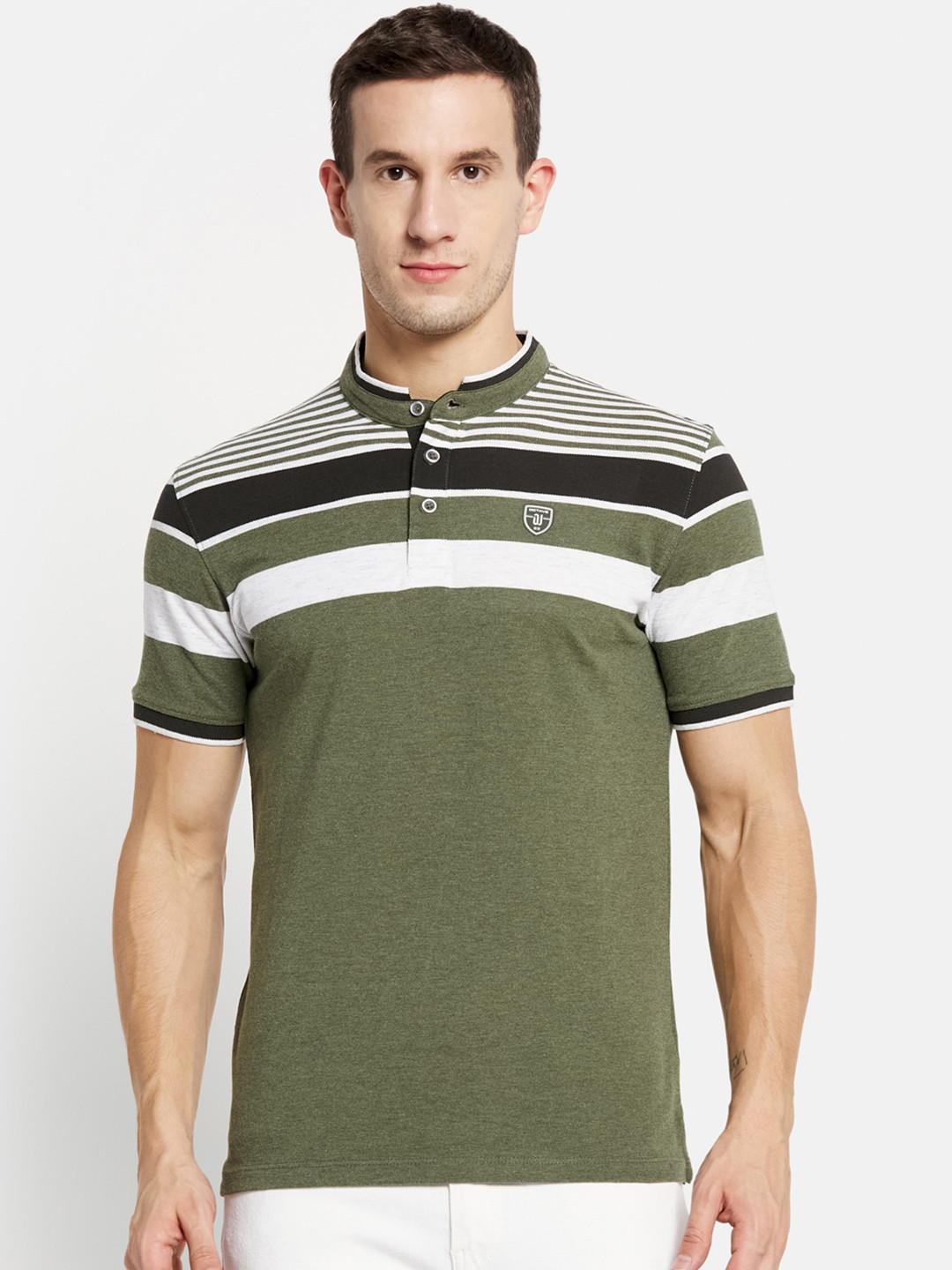 

Octave Men Olive Green Striped Mandarin Collar Cotton T-shirt