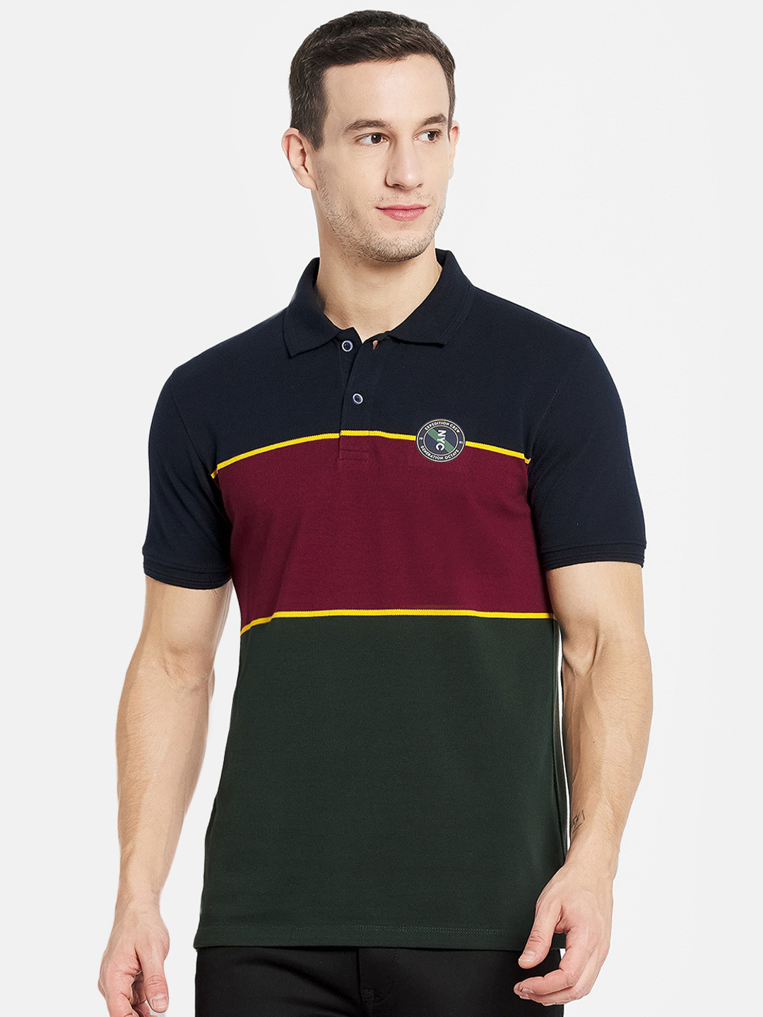 

Octave Men Navy Blue & Maroon Colourblocked Polo Collar Cotton T-shirt
