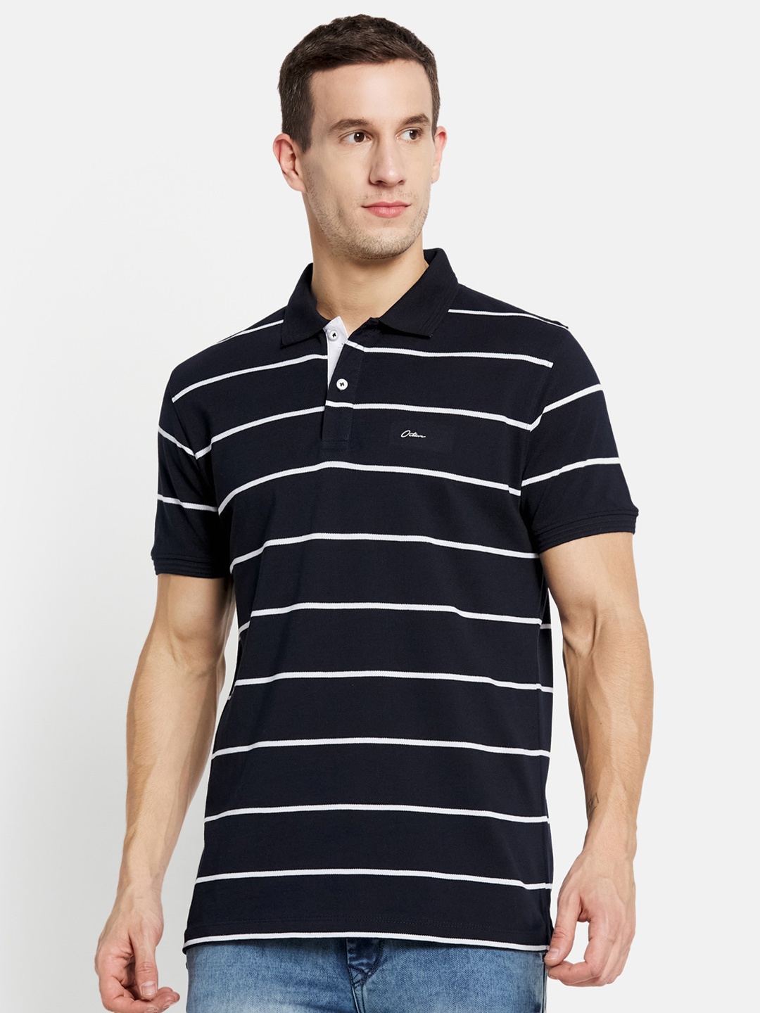 

Octave Men Navy Blue & White Striped Polo Collar Cotton T-shirt