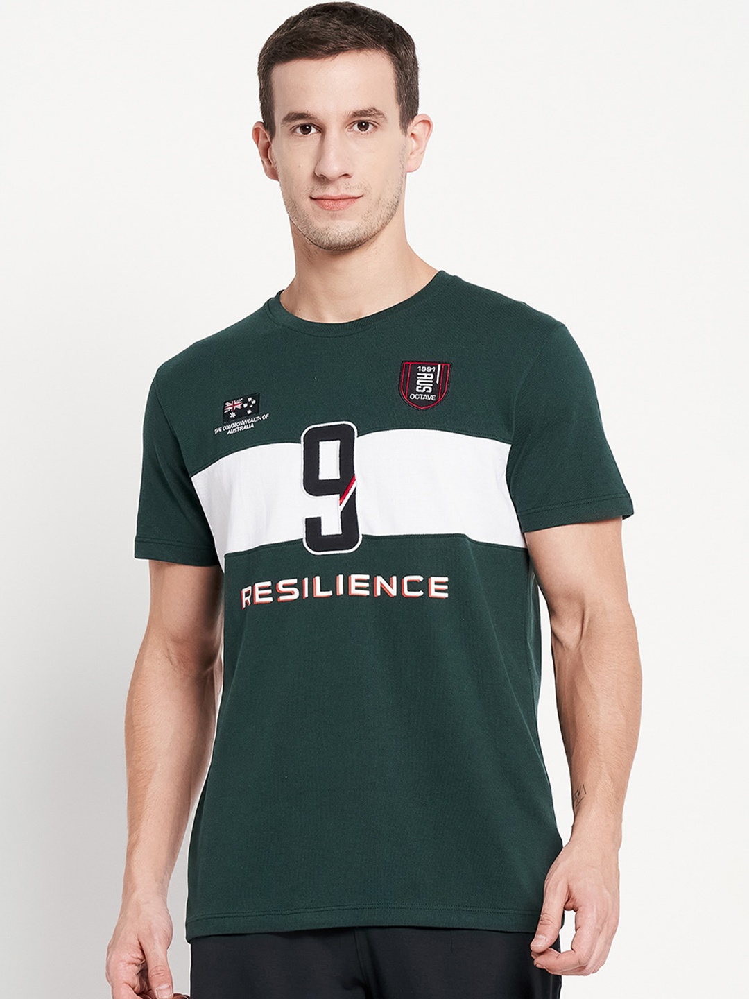 

Octave Men Green & White Colourblocked Cotton T-shirt