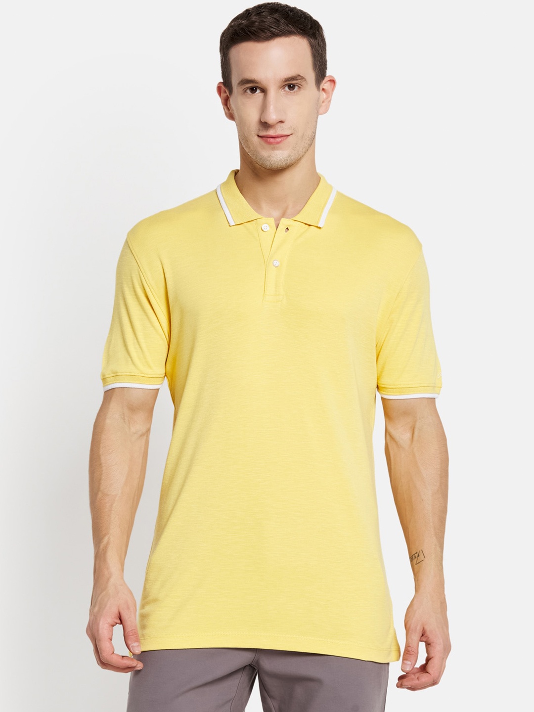 

Octave Men Yellow Polo Collar Cotton T-shirt