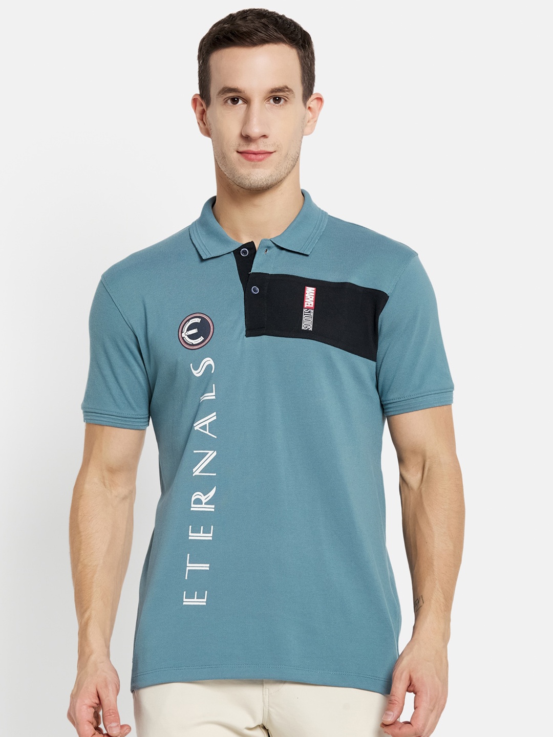 

Octave Men Blue & Black Typography Polo Collar Cotton T-shirt