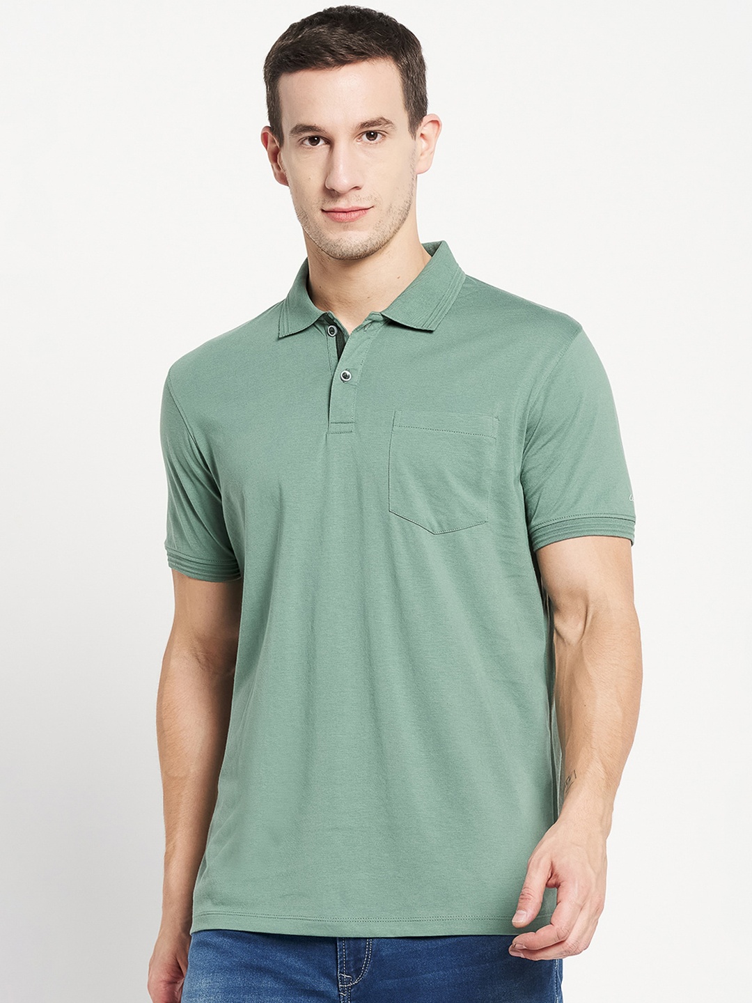 

Octave Men Olive Green Polo Collar Cotton T-shirt