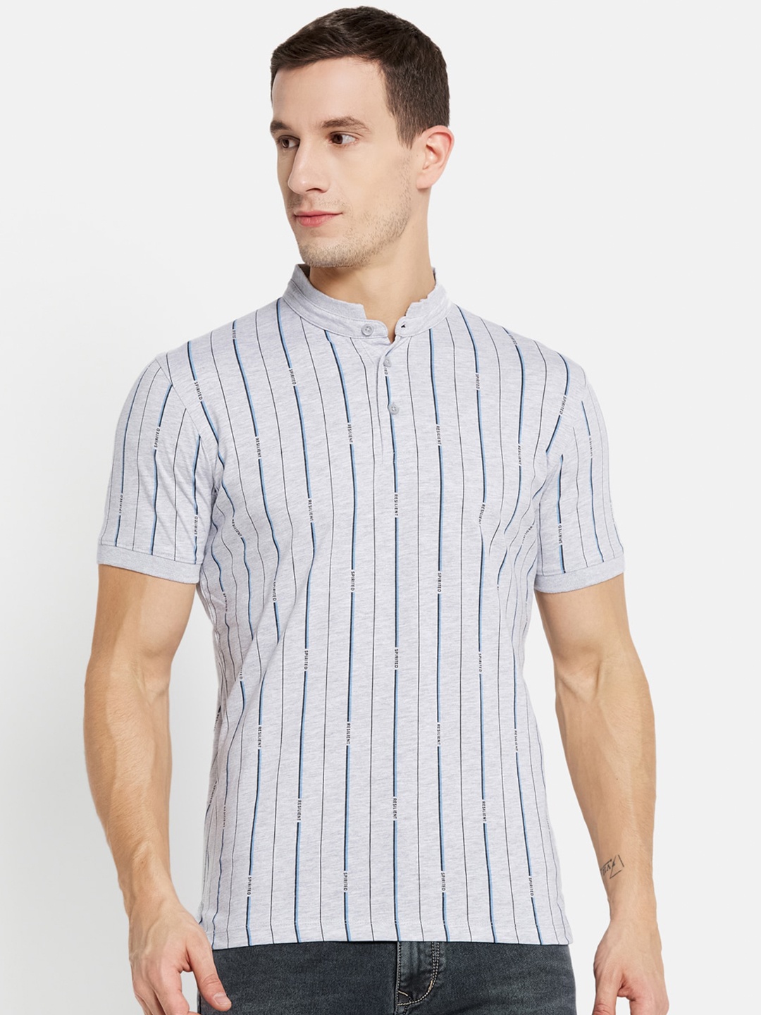 

Octave Men Grey Striped High Neck T-shirt