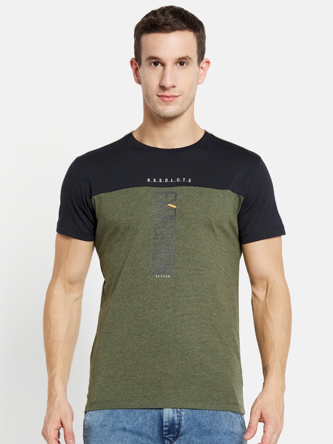 

Octave Men Olive Green & Black Colourblocked Cotton T-shirt