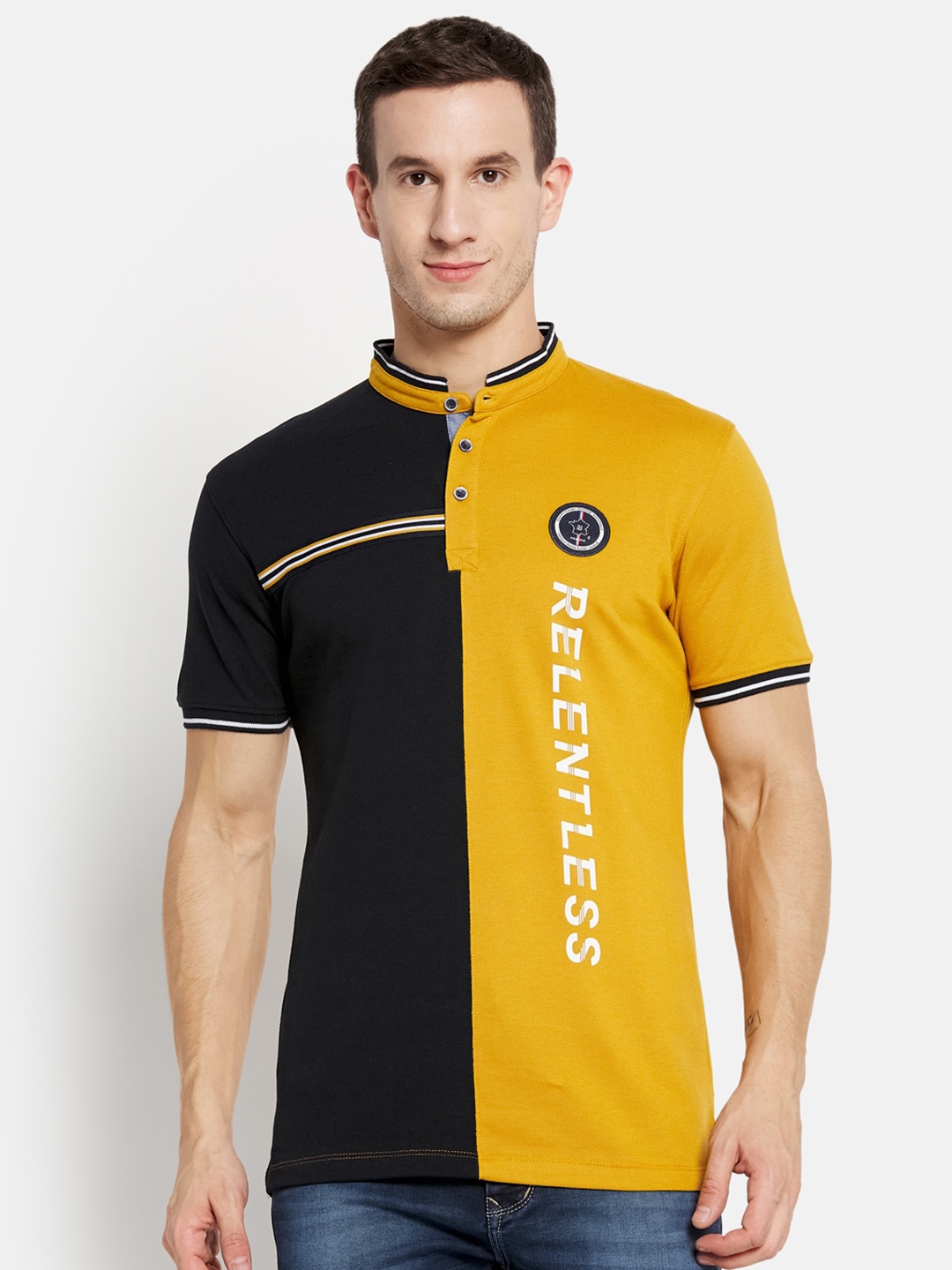 

Octave Men Yellow & Black Colourblocked Mandarin Collar Cotton T-shirt