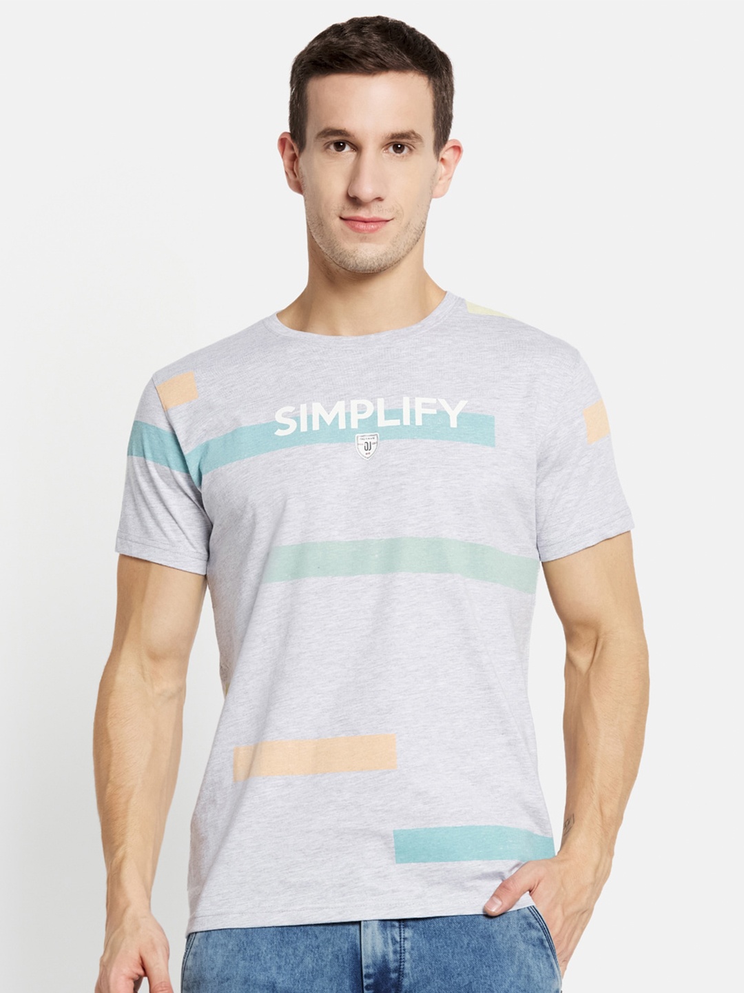 Octave Men Grey Melange & Blue Printed Cotton T-shirt