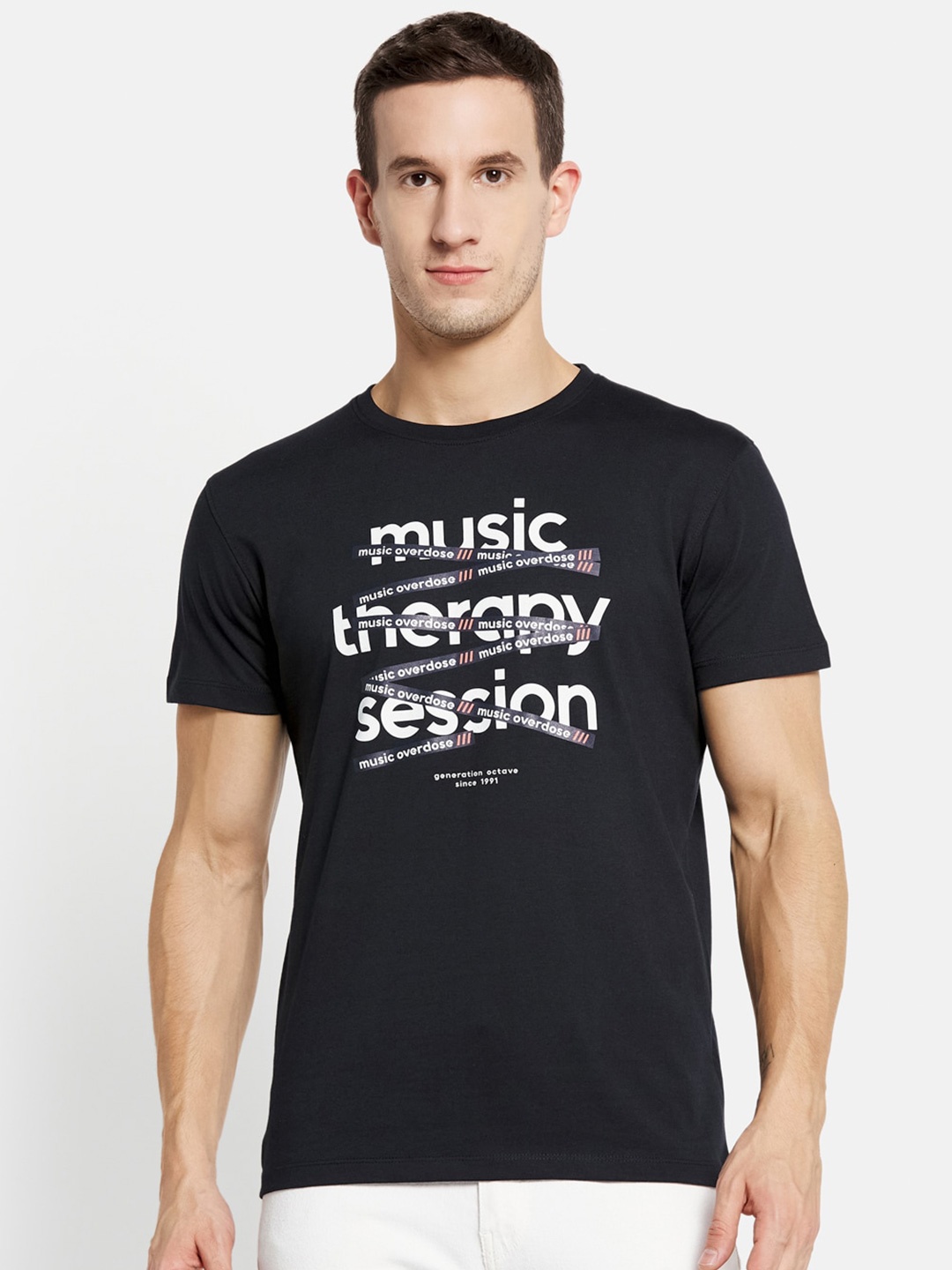 

Octave Men Navy Blue Typography Printed Cotton T-shirt