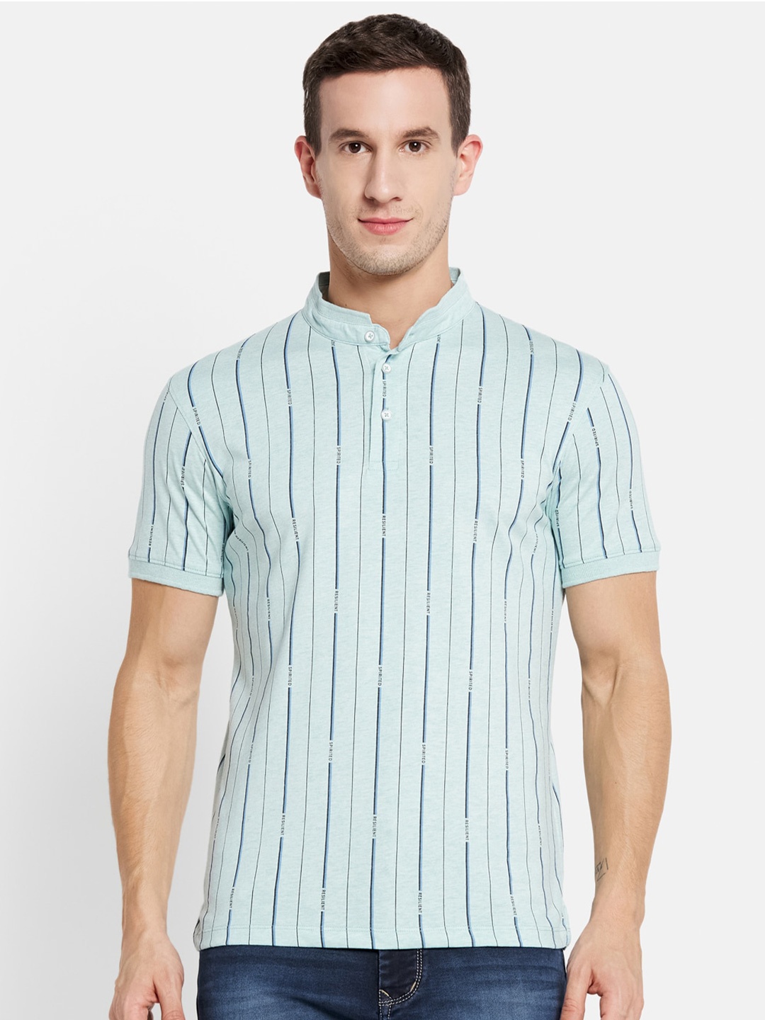 

Octave Men Blue Striped Henley Neck T-shirt