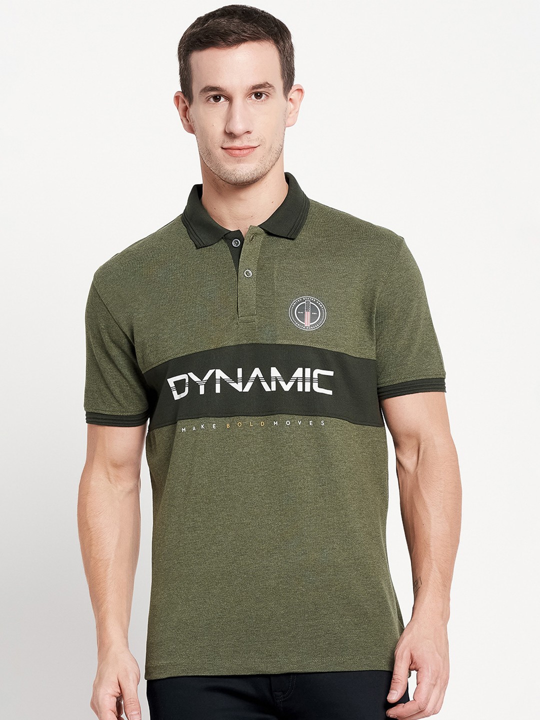 

Octave Men Olive Green Typography Printed Polo Collar Cotton T-shirt