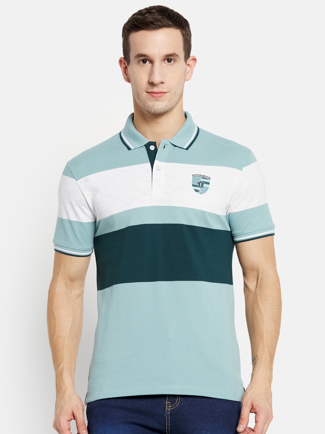 

Octave Men Teal & White Colourblocked Polo Collar T-shirt