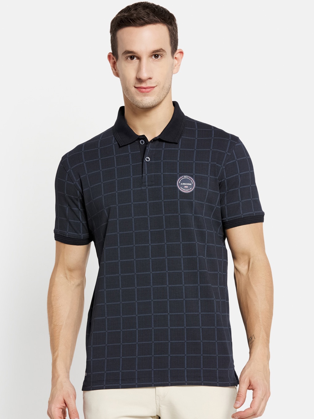 

Octave Men Navy Blue Checked Polo Collar T-shirt