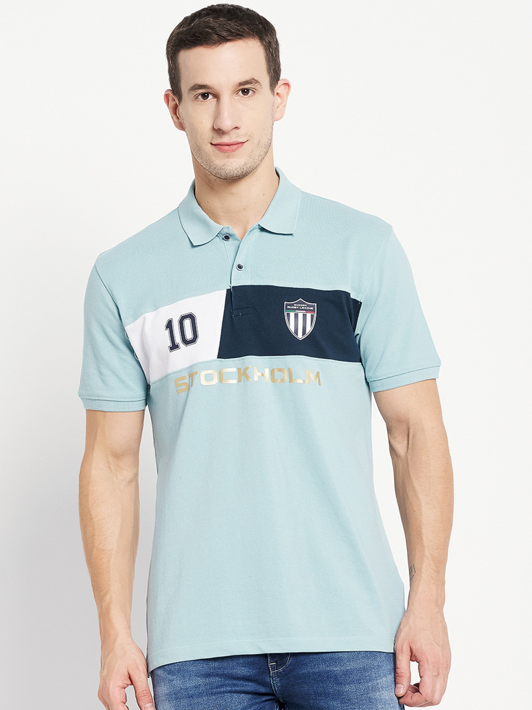

Octave Men Blue Typography Polo Collar Cotton T-shirt