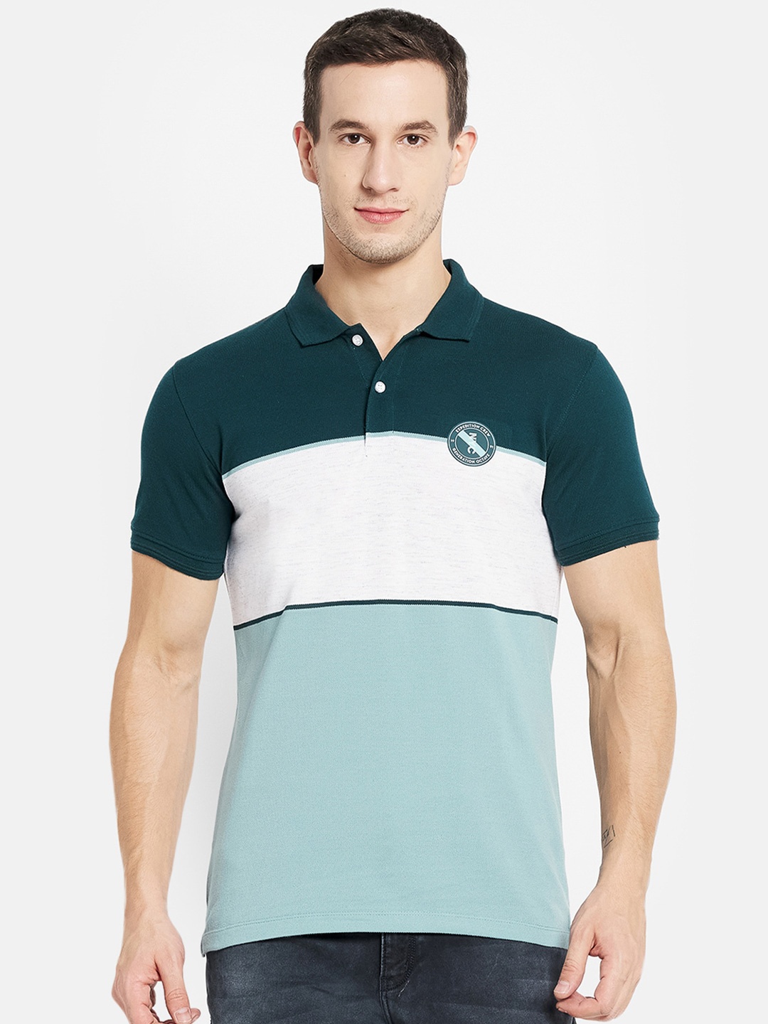 

Octave Men Green & White Colourblocked Polo Collar Cotton T-shirt