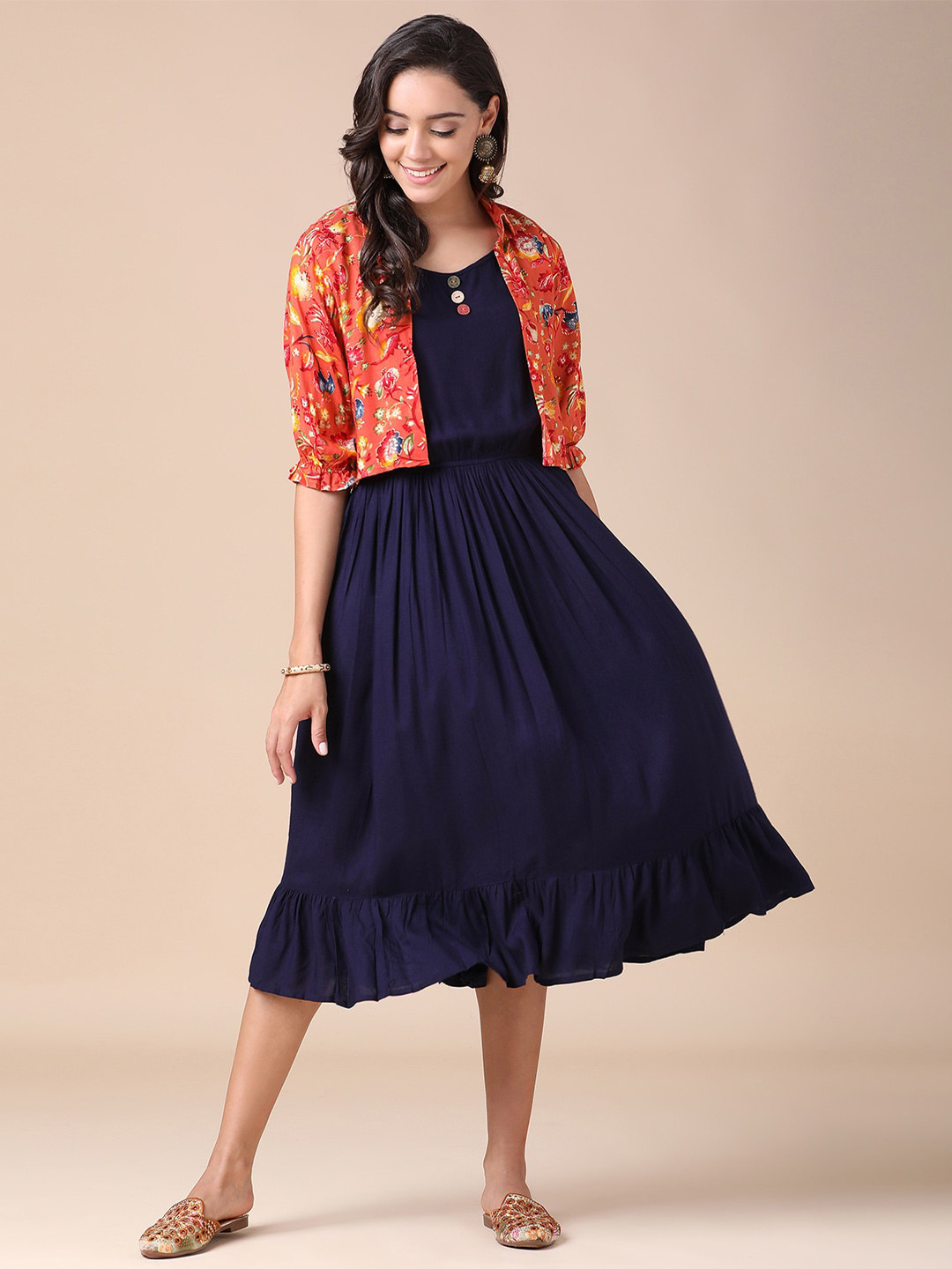 

J Turritopsis Navy Blue & Red Midi Dress With Jacket