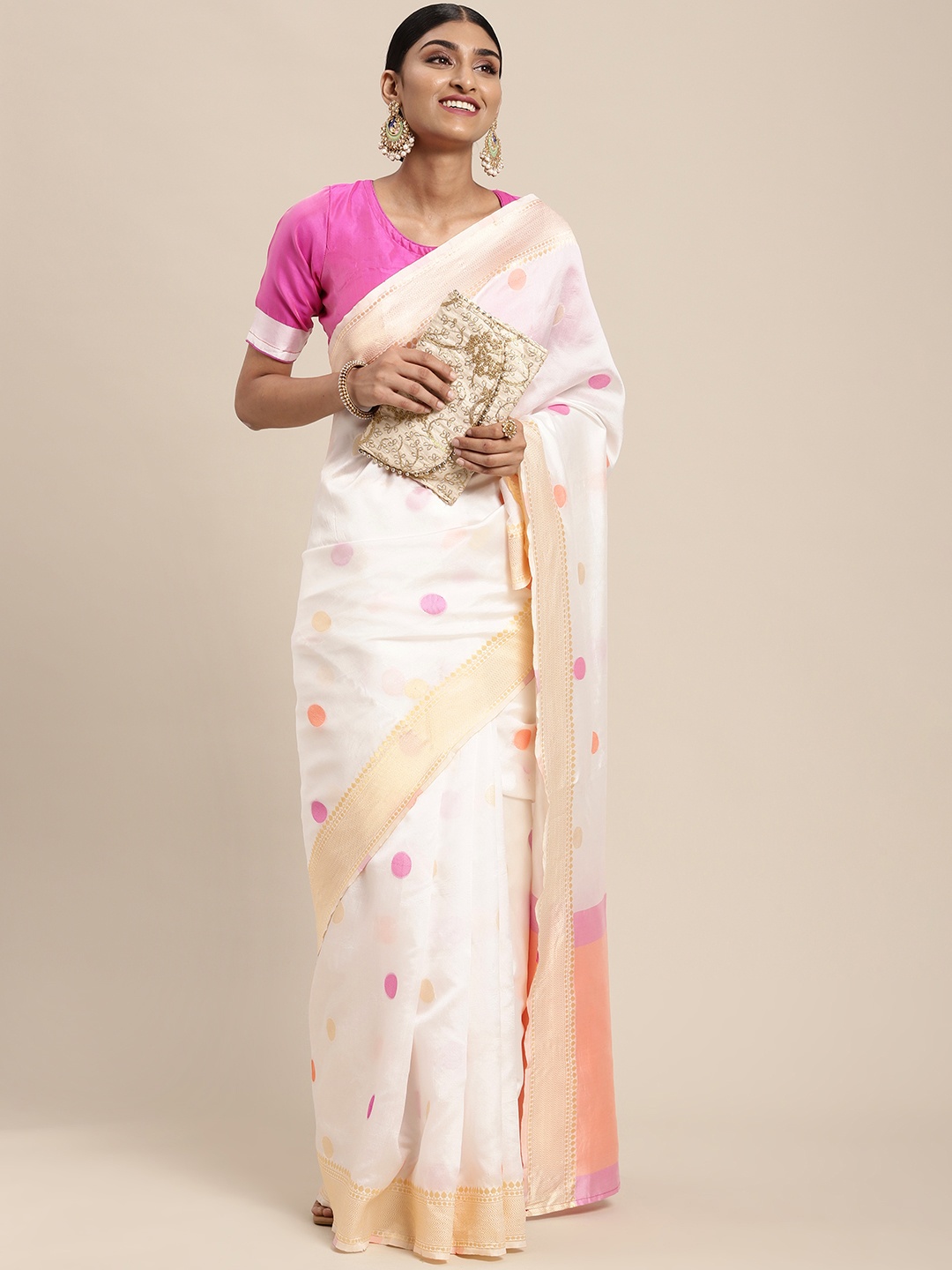 

DIVASTRI White & Golden Ethnic Motifs Zari Art Silk Banarasi Saree