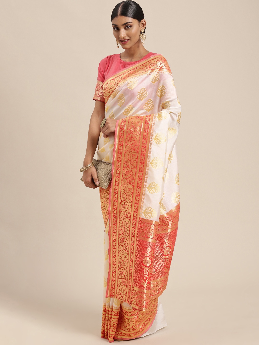

DIVASTRI White & Golden Ethnic Motifs Art Silk Banarasi Saree
