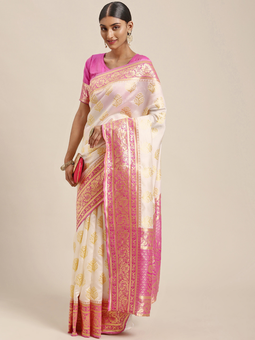 

DIVASTRI White & Golden Ethnic Motifs Art Silk Banarasi Saree