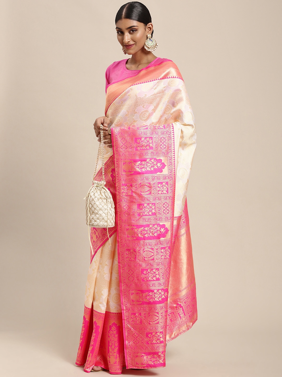 

DIVASTRI White & Pink Ethnic Motifs Art Silk Banarasi Saree