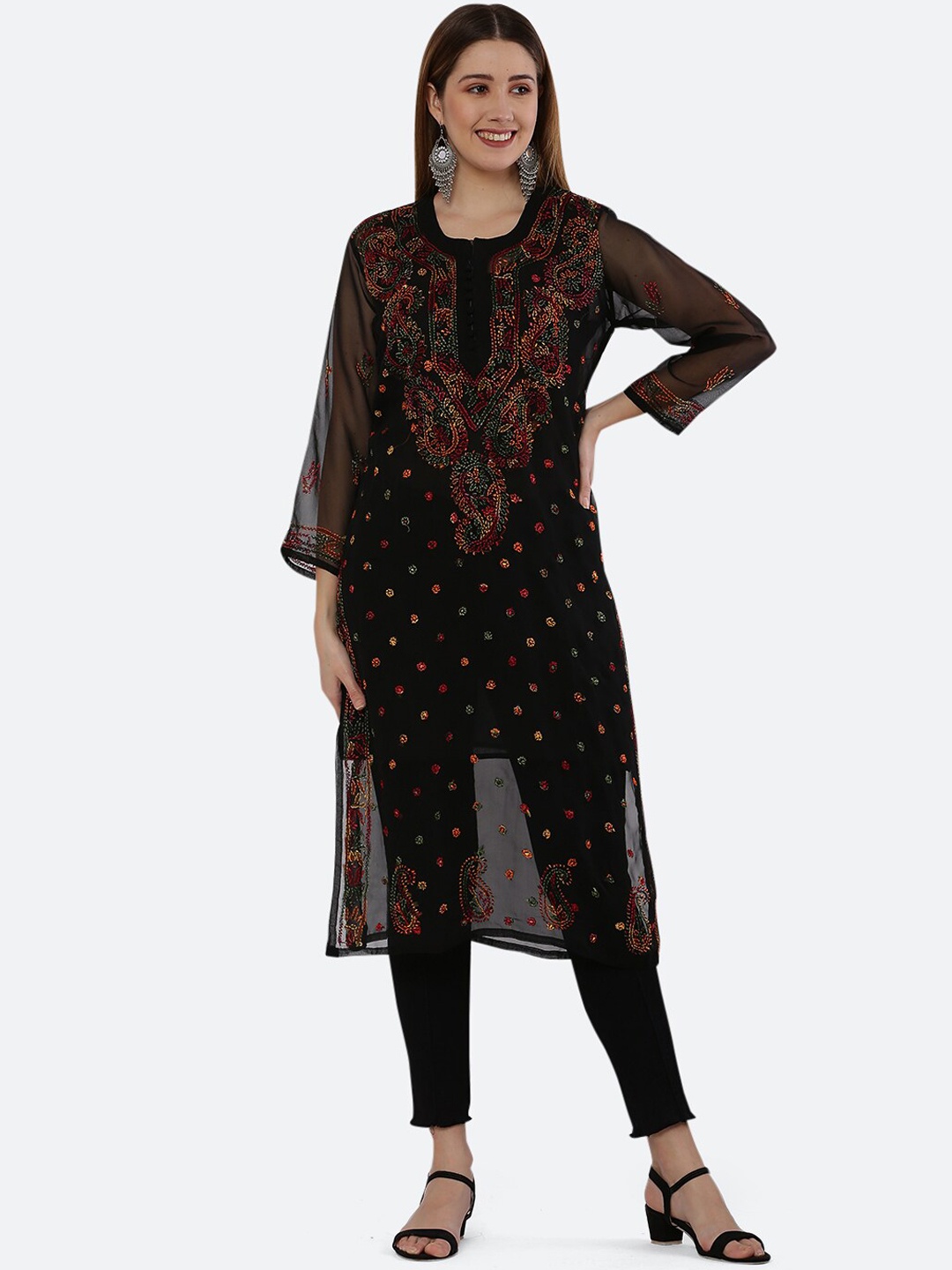 

FAWOMENT Women Black & Red Chikankari Embroidered Georgette Kurta