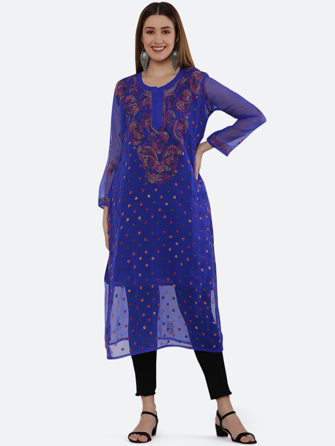 

FAWOMENT Women Navy Blue Floral Embroidered Chikankari Georgette Kurta