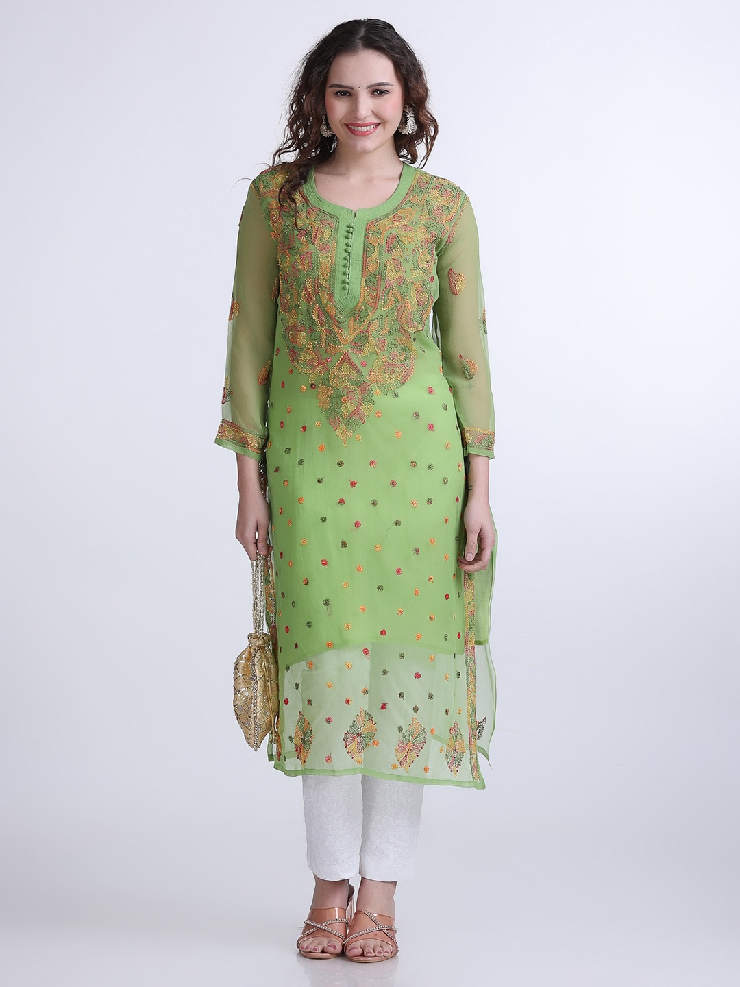 

FAWOMENT Women Green Ethnic Motifs Embroidered Chikankari Georgette Kurta