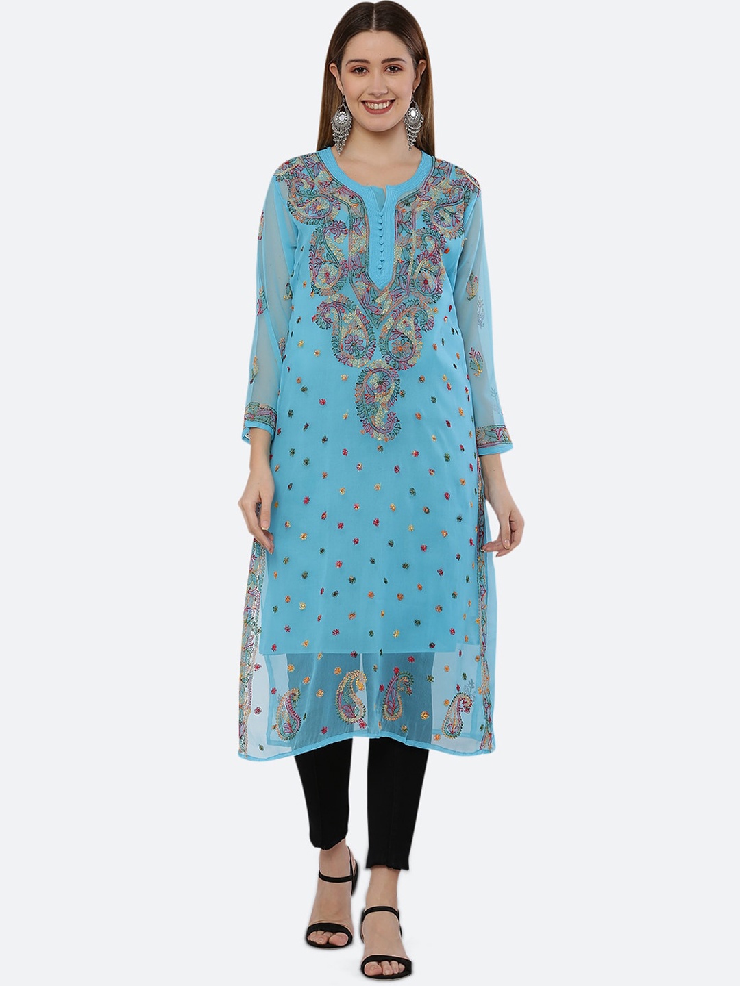 

FAWOMENT Women Blue Ethnic Motifs Embroidered Chikankari Georgette Kurta
