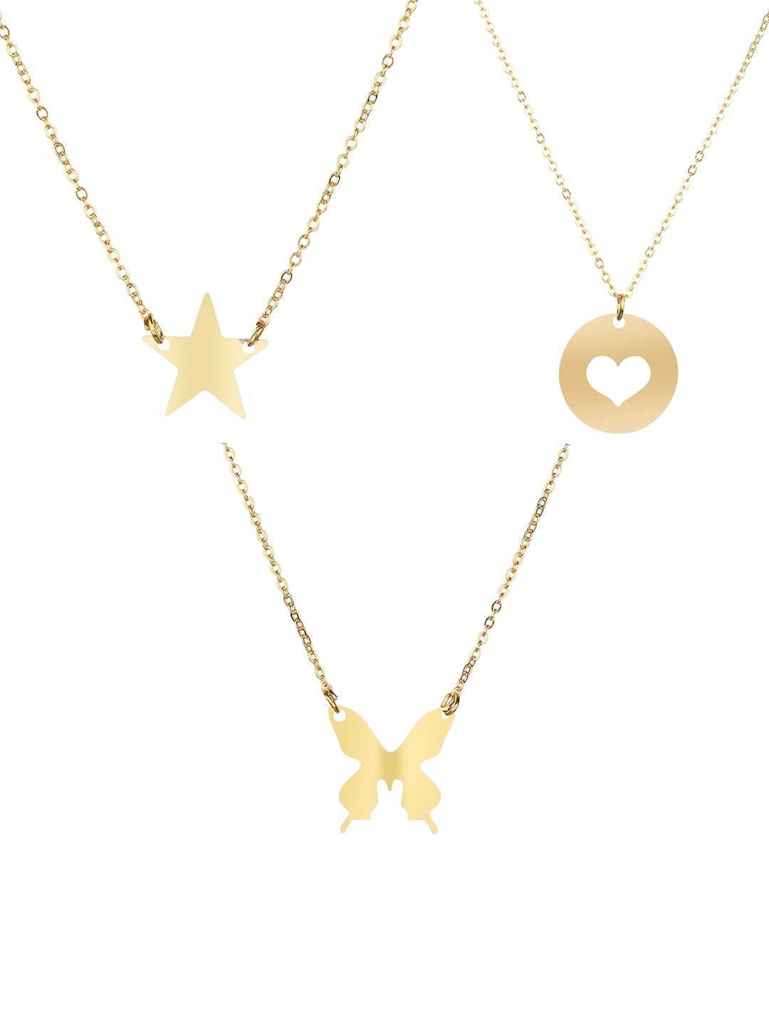 

Goldnera Set of 3 Brass-Plated Classic Star, Butterfly, Heart Pendant Necklaces, Gold