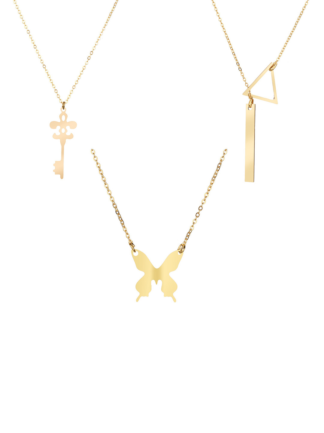 

Goldnera Set of 3 Brass-Plated Love Key Butterfly Triangle Toggle Pendant Necklaces, Gold