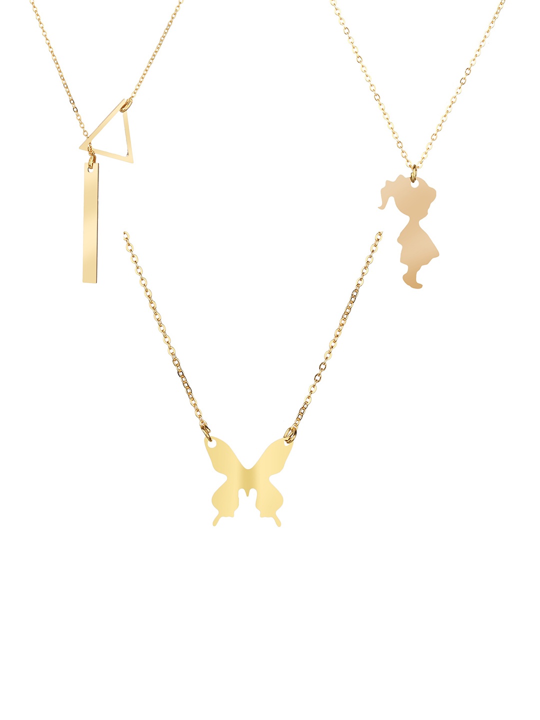 

Goldnera Women Set of 3 Gold Plated Triangle Bar Butterfly & Kid Chain Necklace