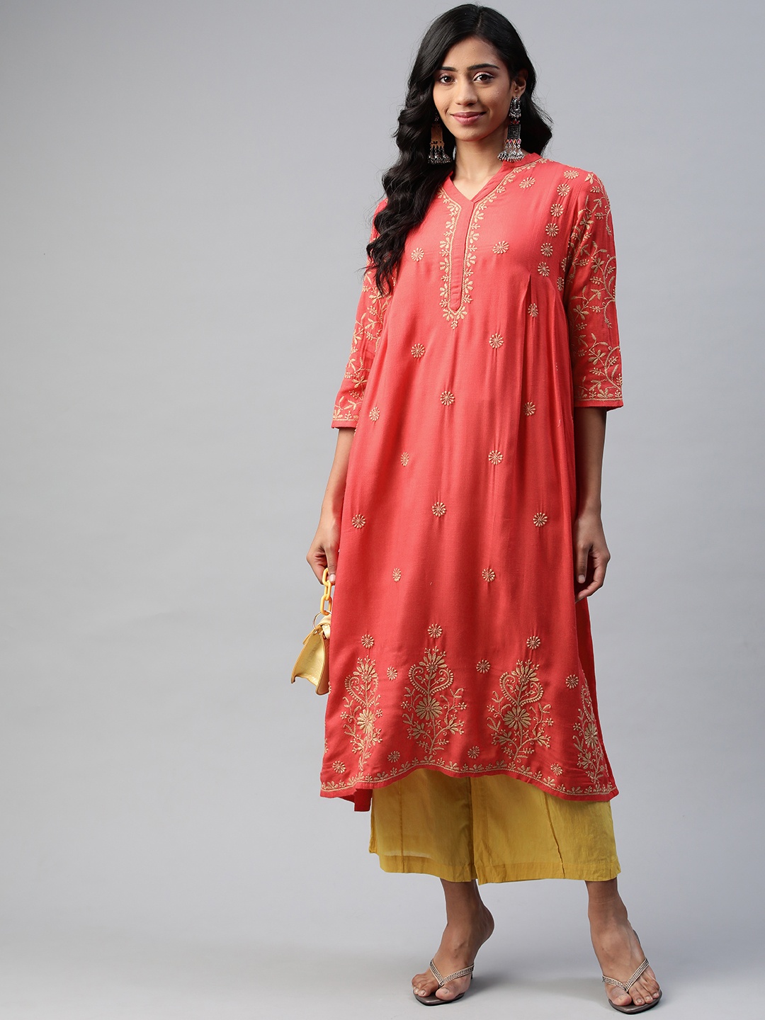 akheri Women Red Ethnic Motifs Embroidered Chikankari Anarkali Kurta
