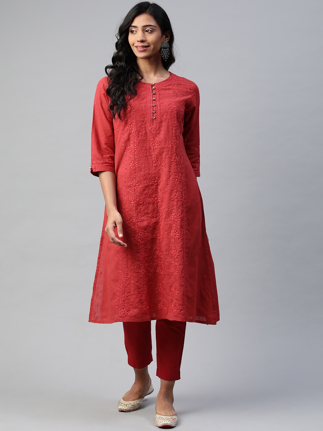 akheri Women Red Floral Embroidered Chikankari Cotton Anarkali Kurta