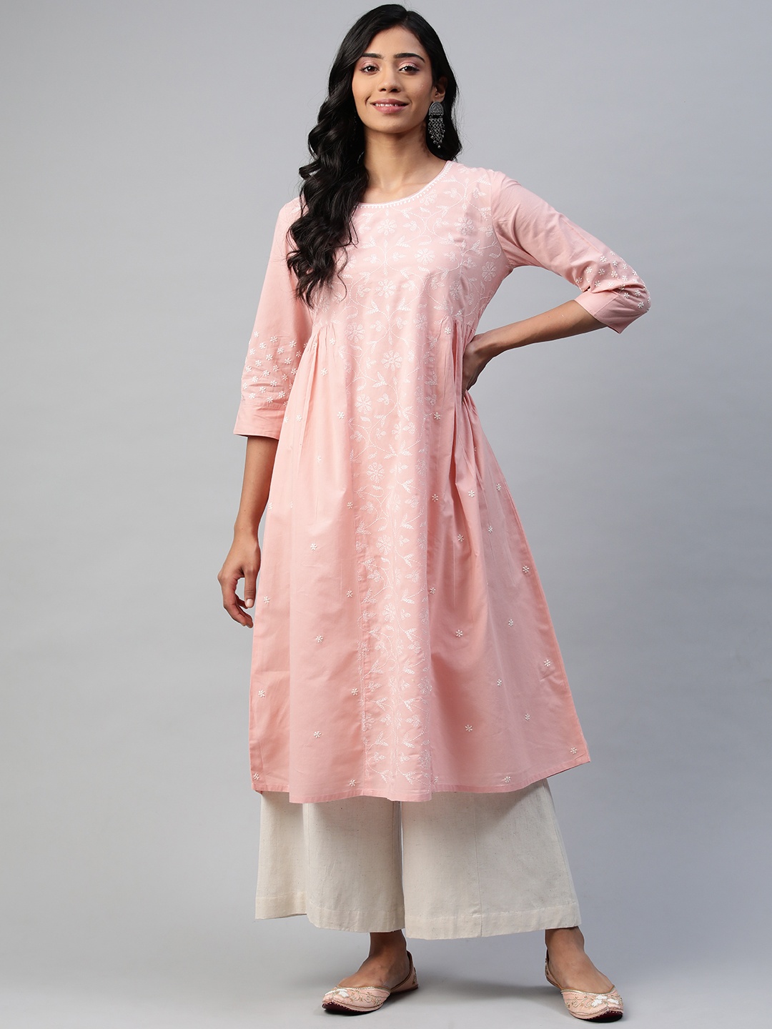 akheri Women Peach-Coloured Floral Embroidered Chikankari Cotton Anarkali Kurta