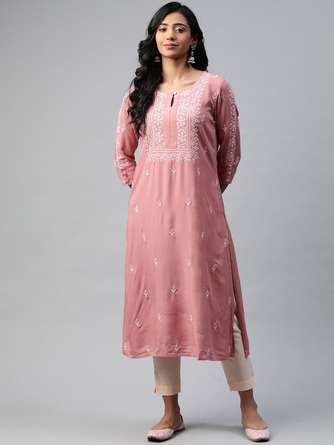 

akheri Women Pink Ethnic Motifs Embroidered Keyhole Neck Chikankari Kurta