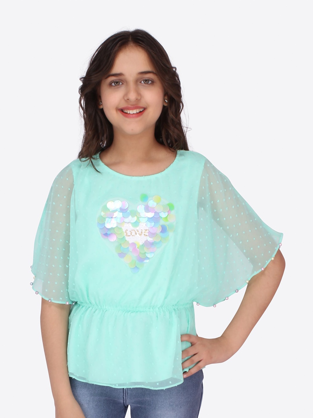 

CUTECUMBER Girls Green Geometric Embellished Applique Georgette Cinched Waist Top