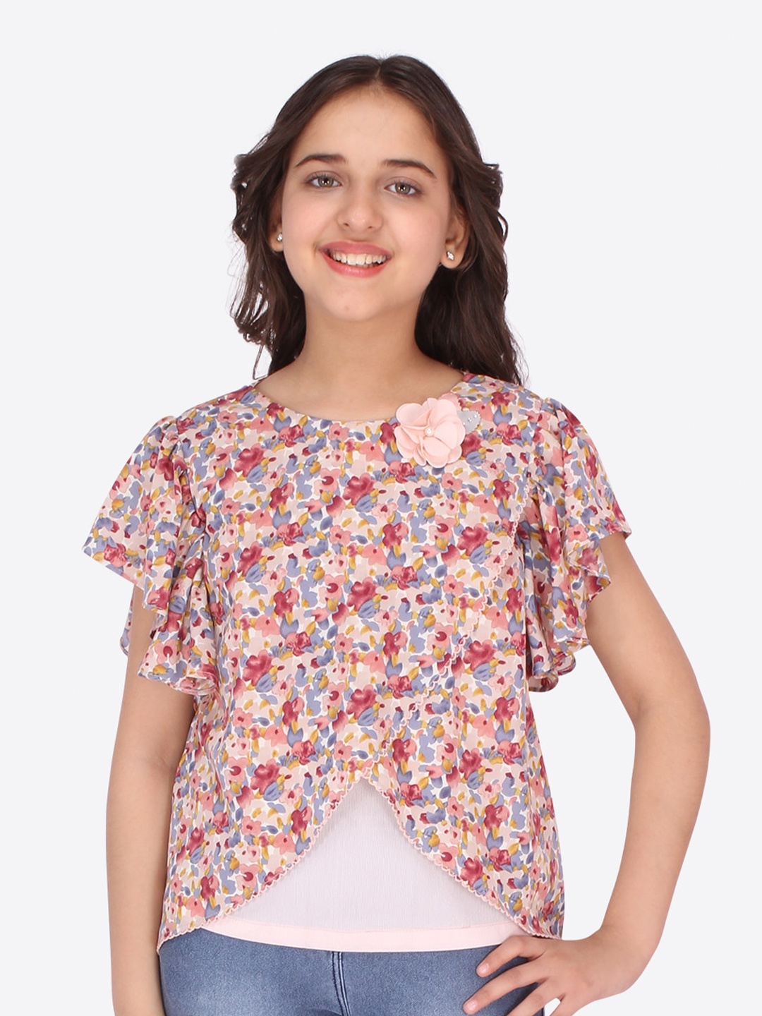 

CUTECUMBER Peach-Coloured Floral Print Georgette Top