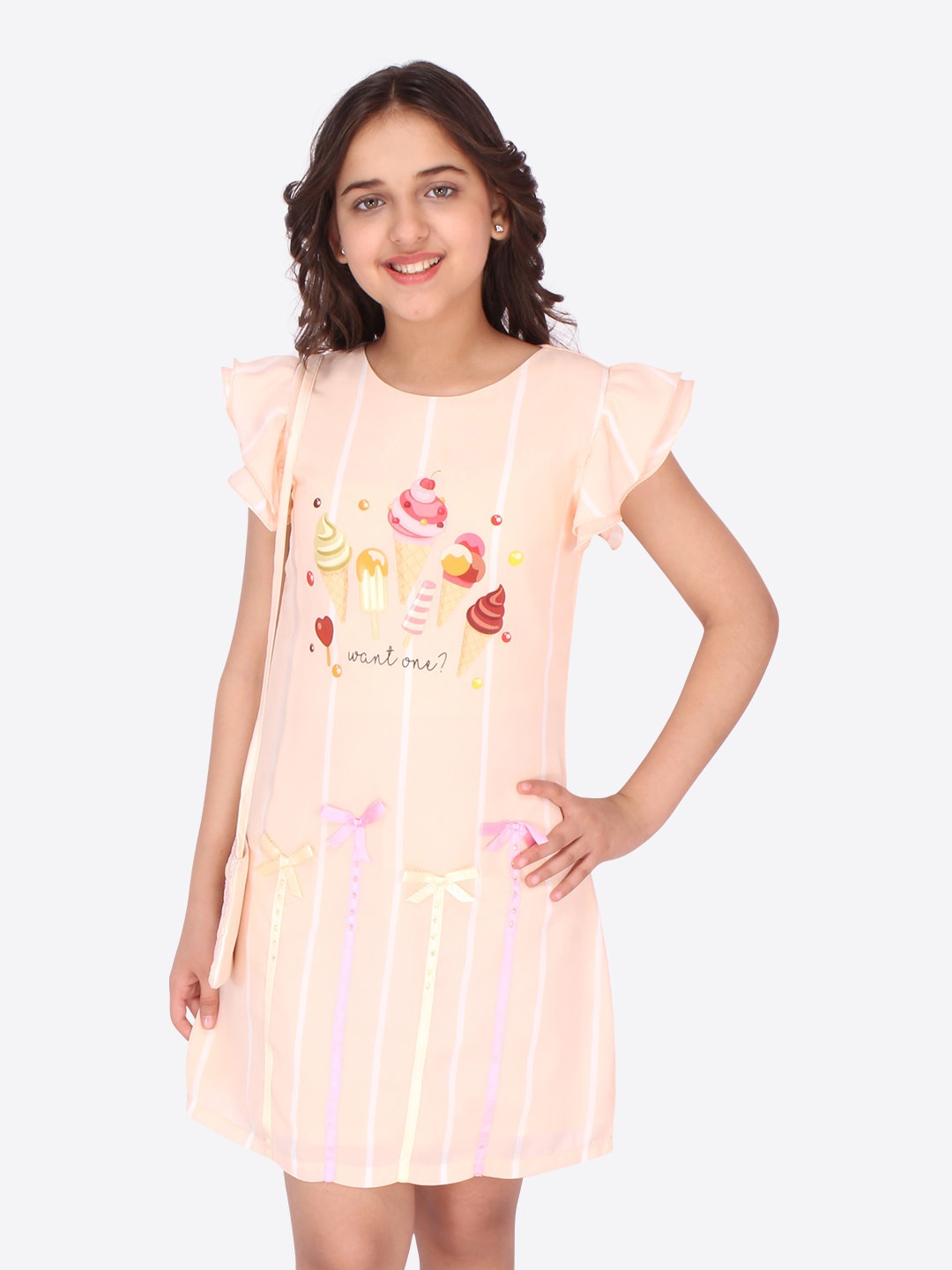 

CUTECUMBER Girls Peach-Coloured Floral Applique Georgette A-Line Dress