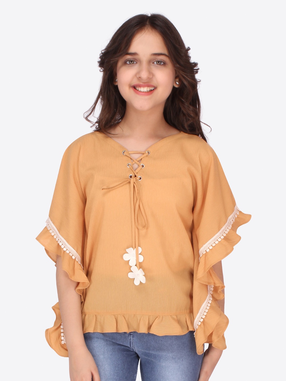 

CUTECUMBER Girls Mustard Yellow Tie-Up Neck Georgette Kaftan Top